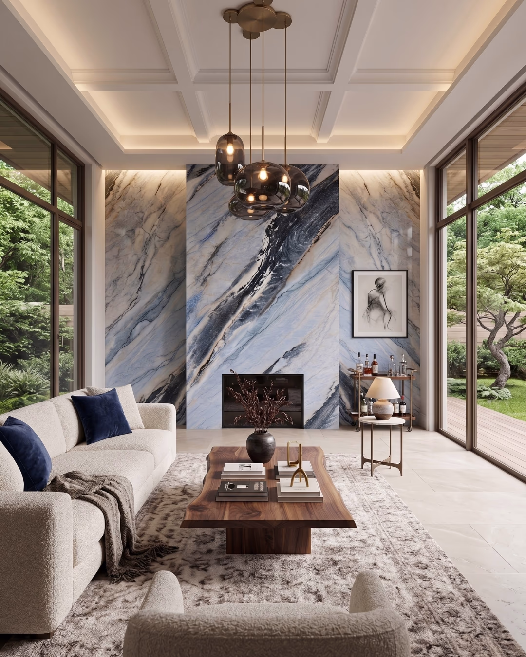 Marble effect porcelain tile bookmatched feature wall luxury interior Pakistan