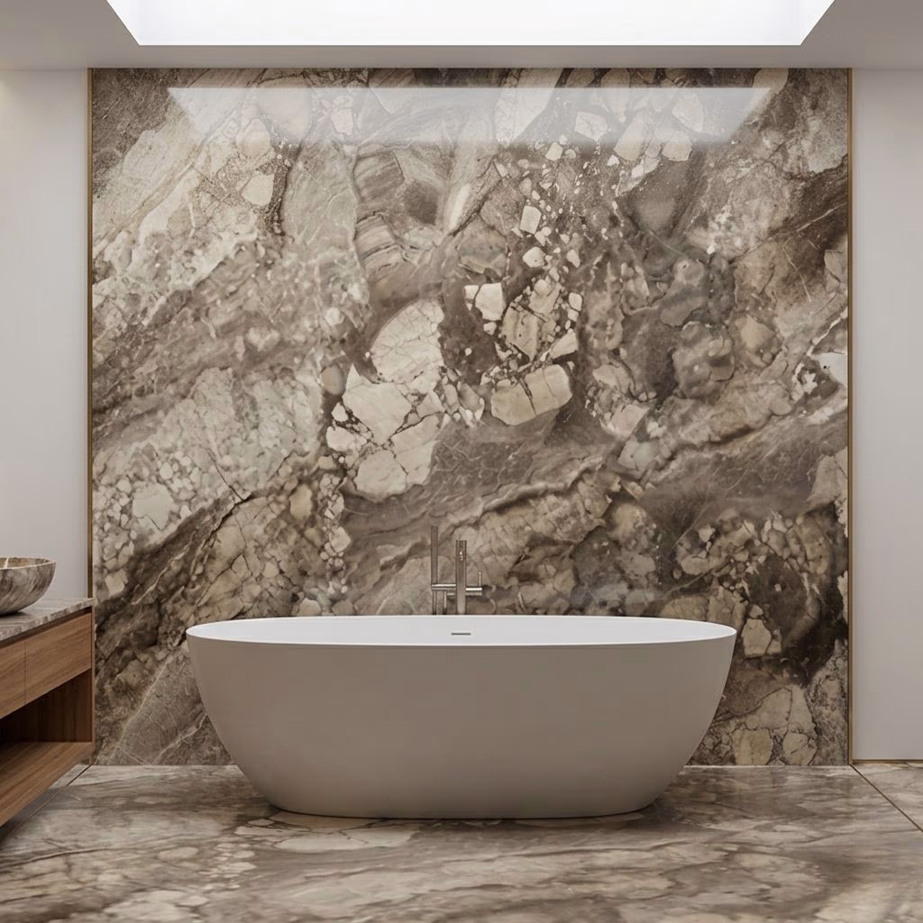 Rialto Earth brown natural stone look porcelain tile with high shade variation and relief texture for luxury flooring - Future Designz