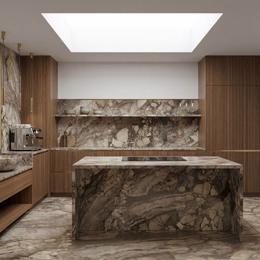 Rialto Sand beige vein-cut marble look porcelain tile with organic stone relief finish for modern living room floors - Future Designz
