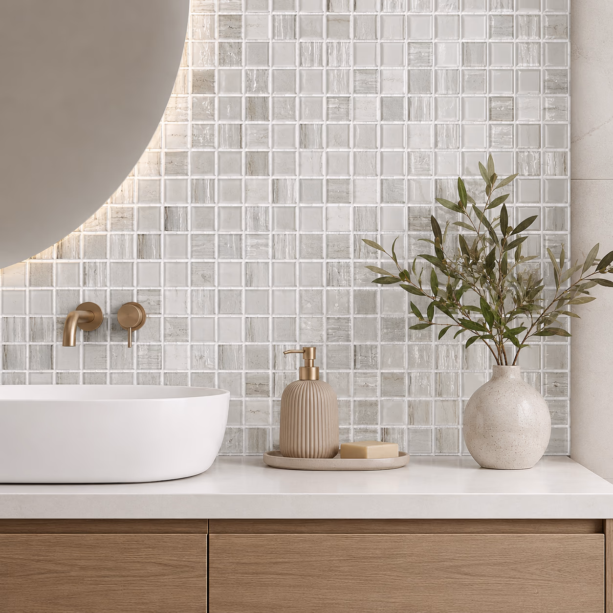 Glass mosaic tiles used in bathroom wet area design Lahore