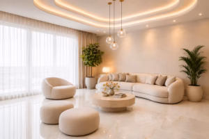 Luxury modern living room featuring polished cream marble-look tile flooring, soft beige curved furniture, warm LED cove ceiling lighting, floor-to-ceiling sheer curtains, and elegant contemporary décor in a bright minimalist interior.